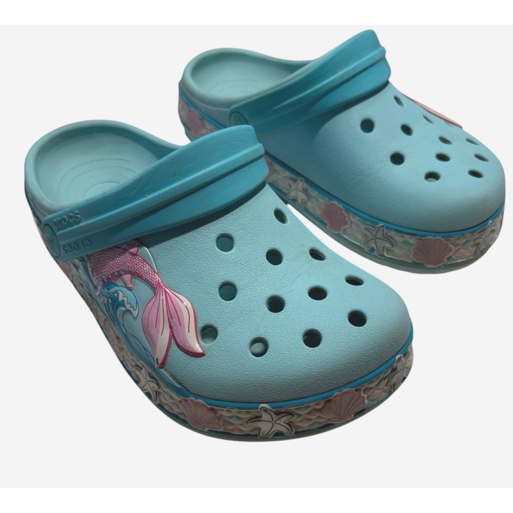 Crocs Clogs Kids Size J2 Blue Mermaid Tail Shell Starfish Fun Lab Shoes